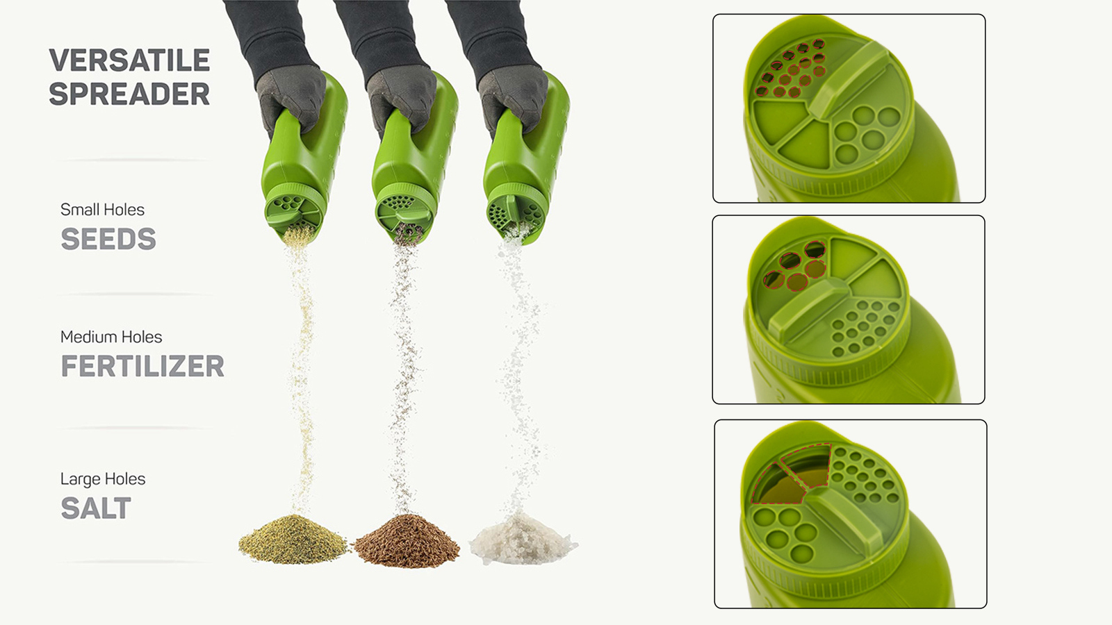Botella esparcidora de mano de 2L con tamaños de apertura ajustables para semillas de césped, esparcidor de alimentación y hierba derretida con hielo