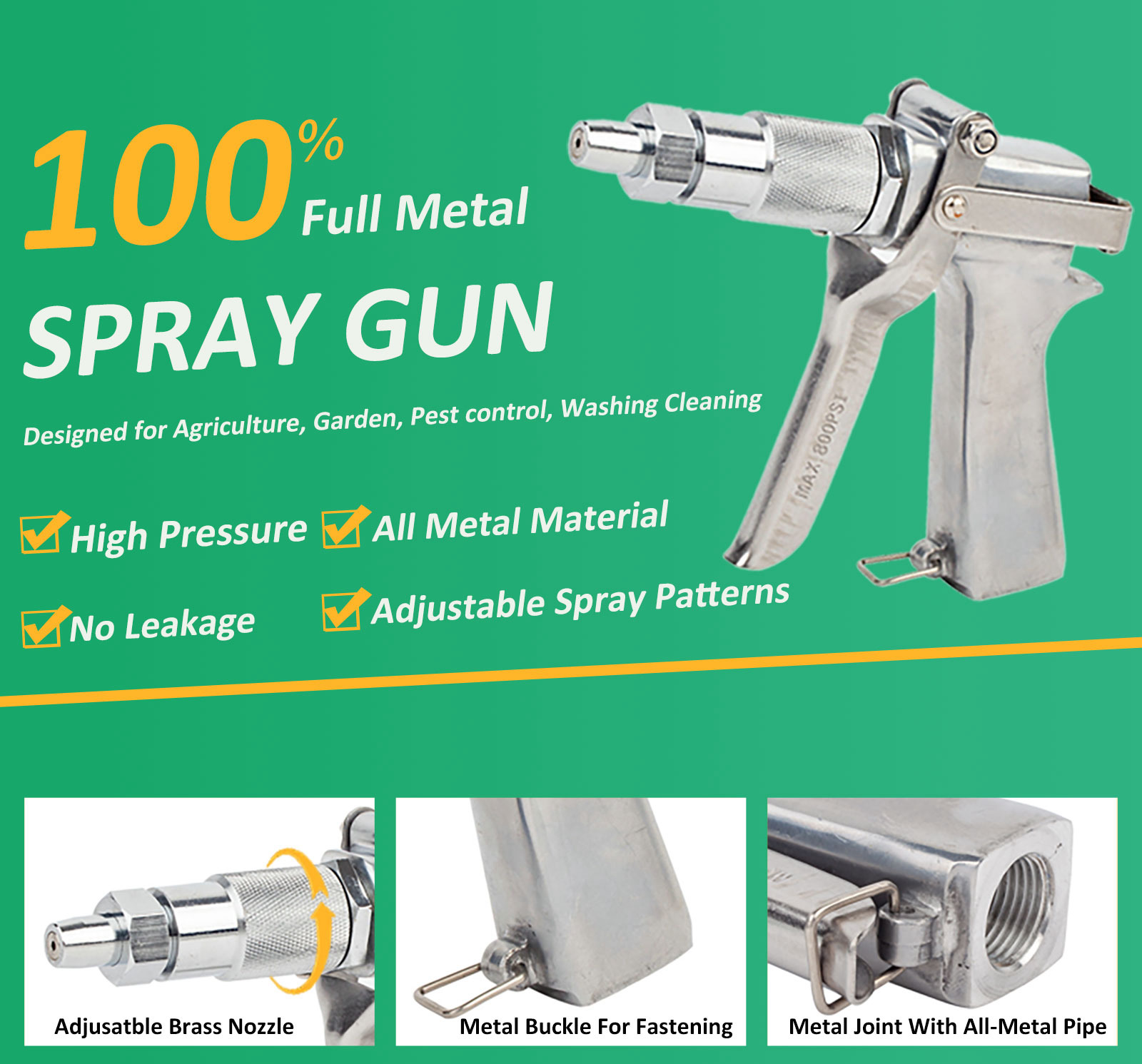 Pistola pulverizadora de aluminio de 800 PSI con patrones de pulverización ajustables para regar plantas, lavar coches, combatir incendios forestales