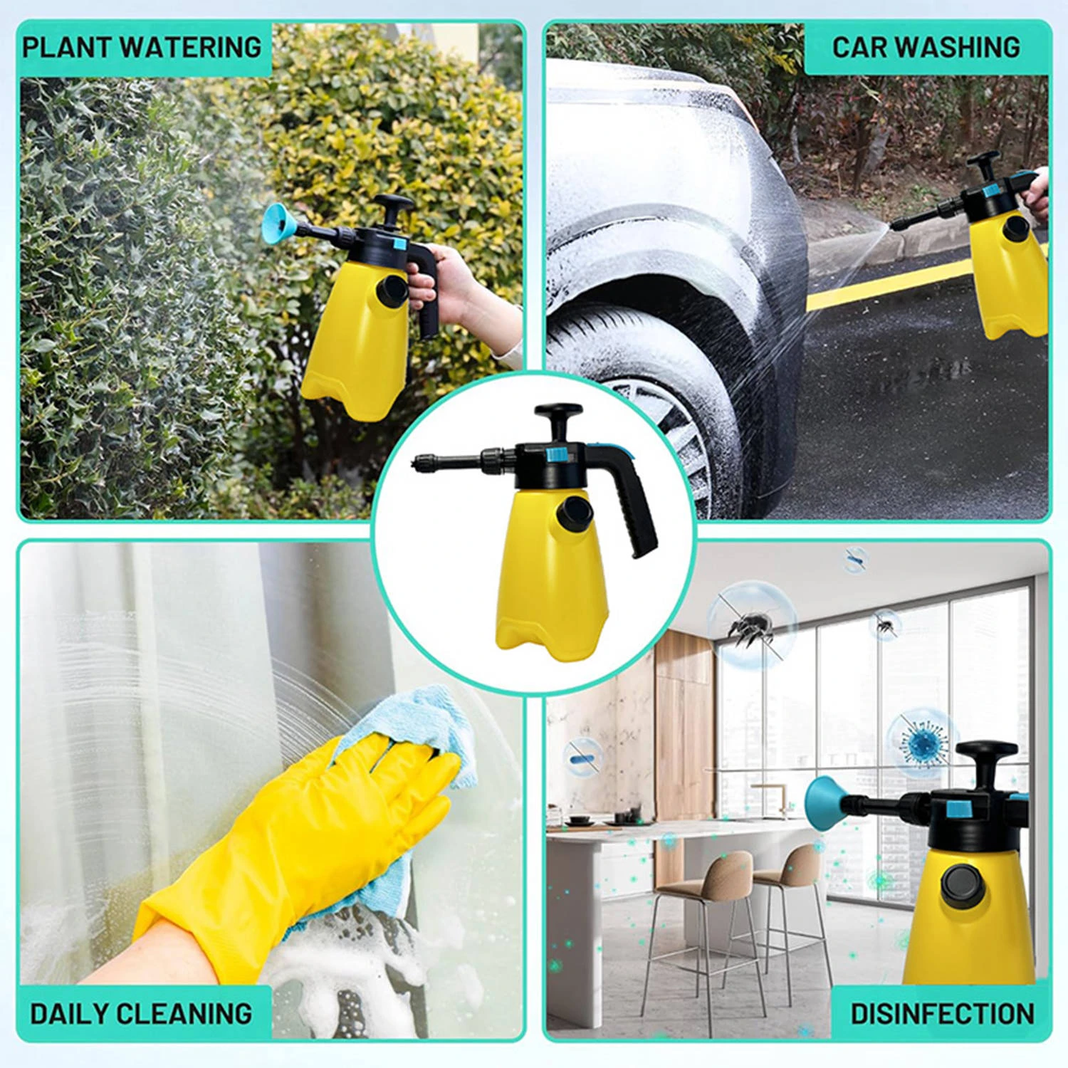 Pulverizador de espuma de 1,5 l, pulverizador con bomba de espuma de mano para lavado de coches, pulverizador a presi&oacute;n con 2 boquillas para limpieza del hogar y riego