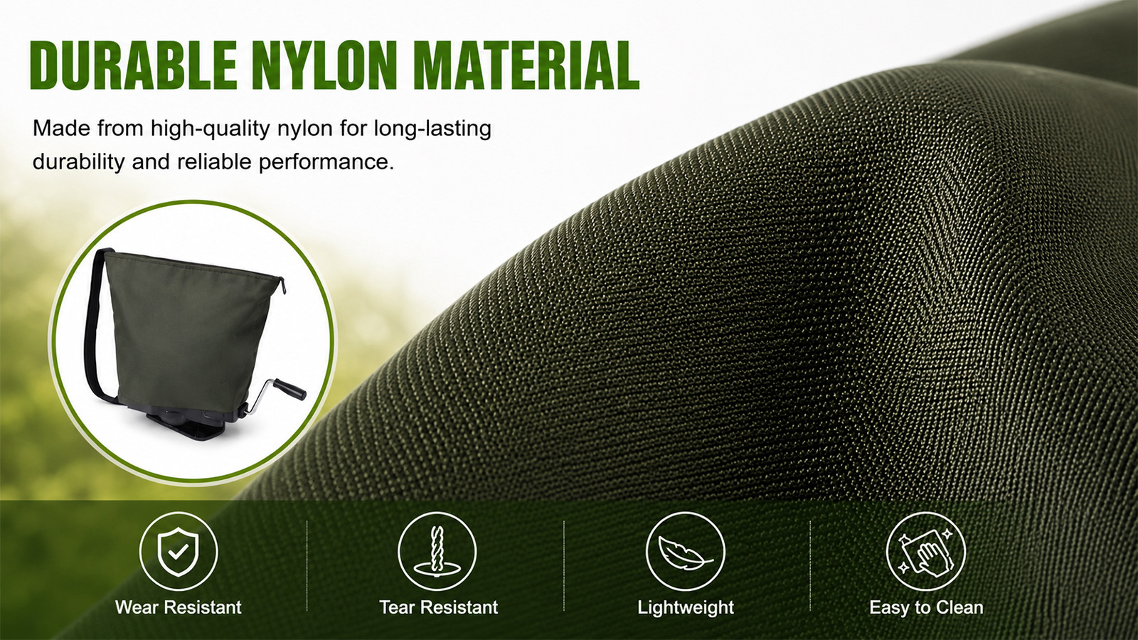 Bolsa para sembradoras de nailon de 16 litros para aplicaciones de sal y fertilizantes para césped