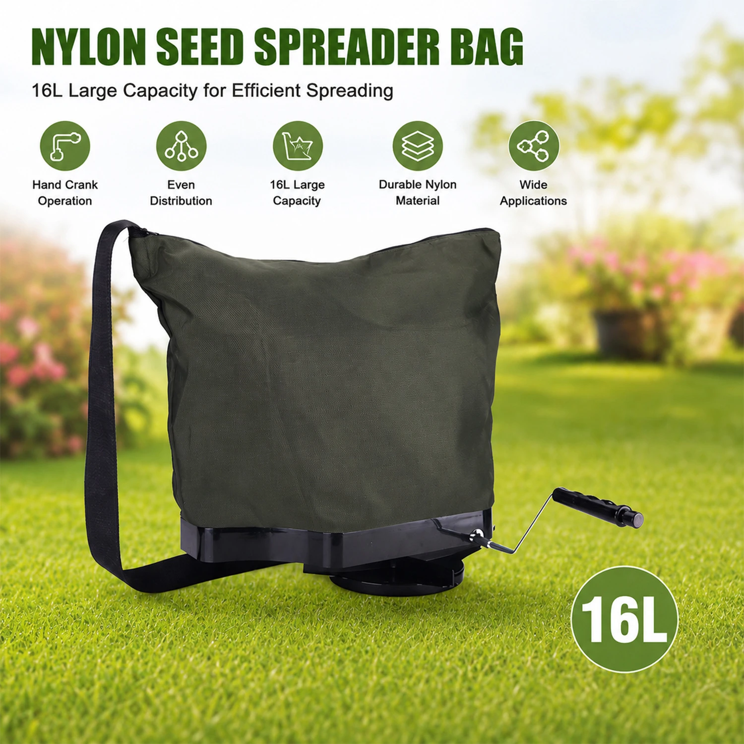 Bolsa para sembradoras de nailon de 16 litros para aplicaciones de sal y fertilizantes para c&eacute;sped