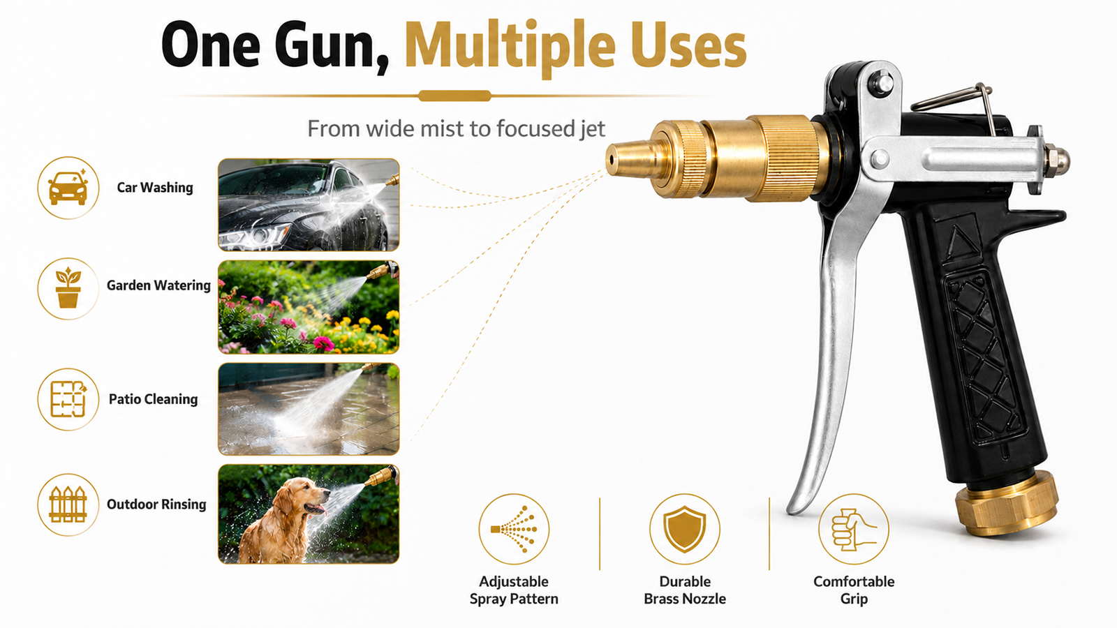 Pistola pulverizadora con boquilla ajustable para lavado de coches, riego de jardines y limpieza de exteriores