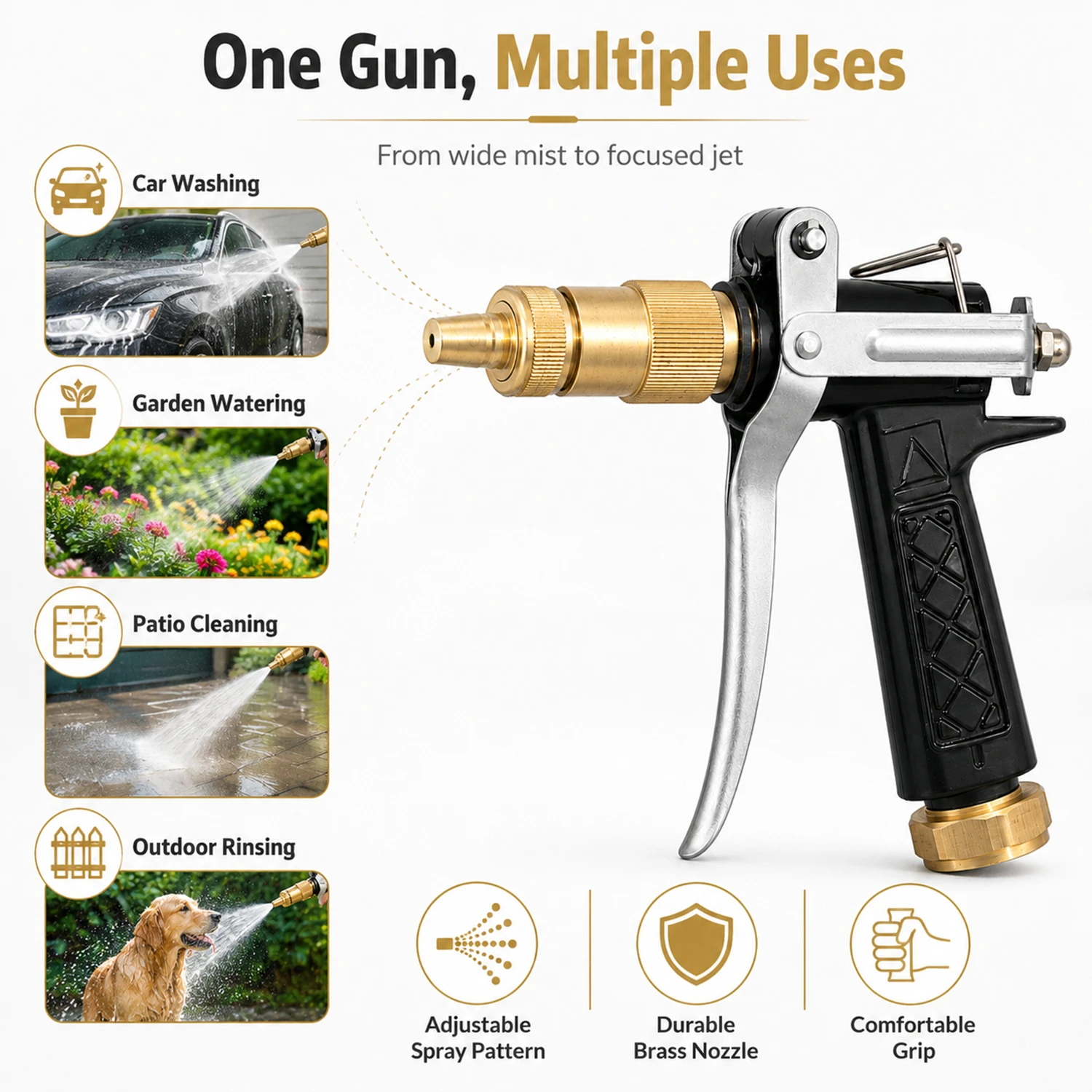 Pistola pulverizadora con boquilla ajustable para lavado de coches, riego de jardines y limpieza de exteriores